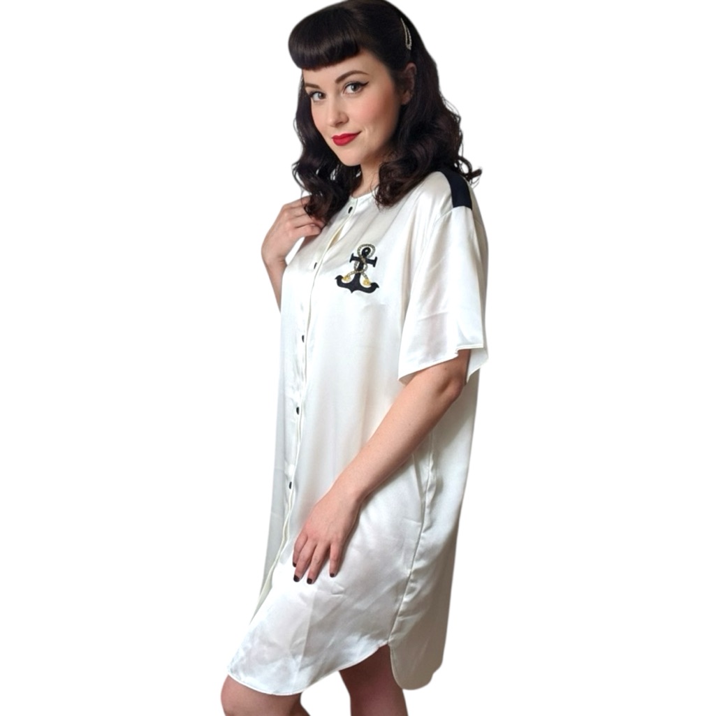 Vintage Val Mode Nautical Sailor Nightshirt - Off White Satin Button Up
